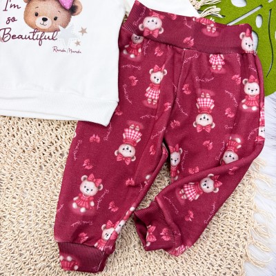 Conj. Blusa Moletom I'm So Beautiful e Calça Ursinhas - Off White Bordo